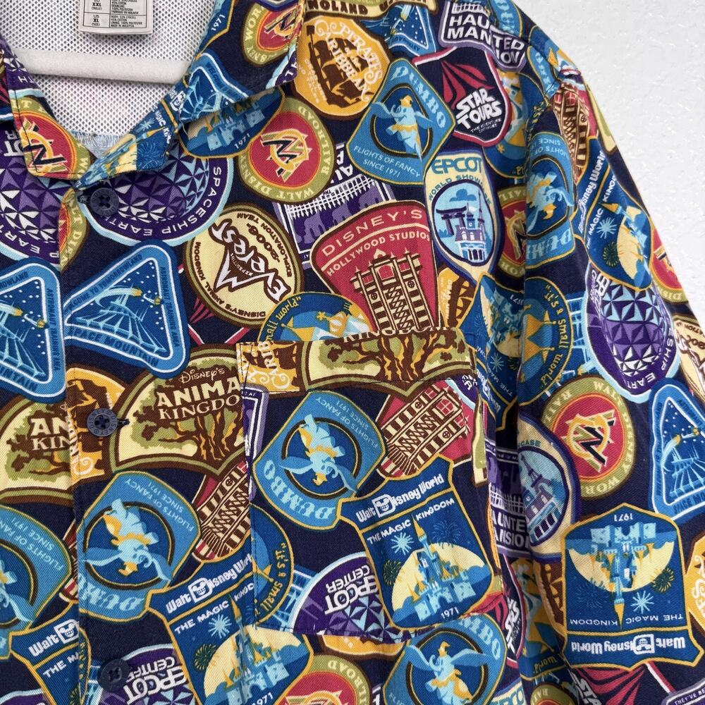 Disney Parks Shirt Mens XL Disney Attractions Patch Print Button Up All Over - Picture 5 of 10